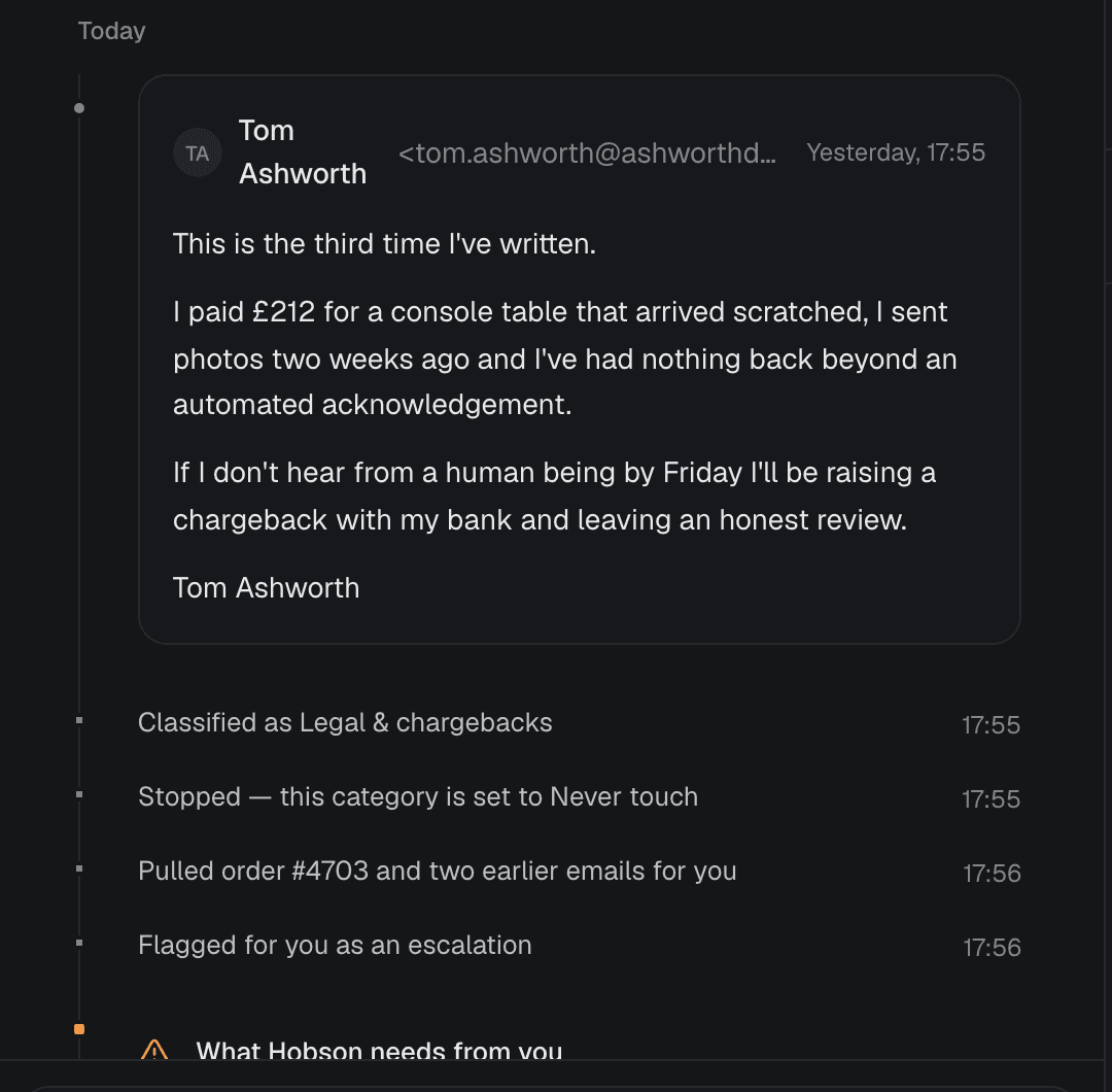 A chargeback threat that Hobson stopped on and flagged for a person, with the order pulled up