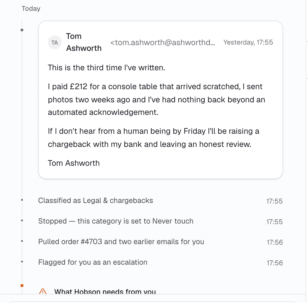 A chargeback threat that Hobson stopped on and flagged for a person, with the order pulled up