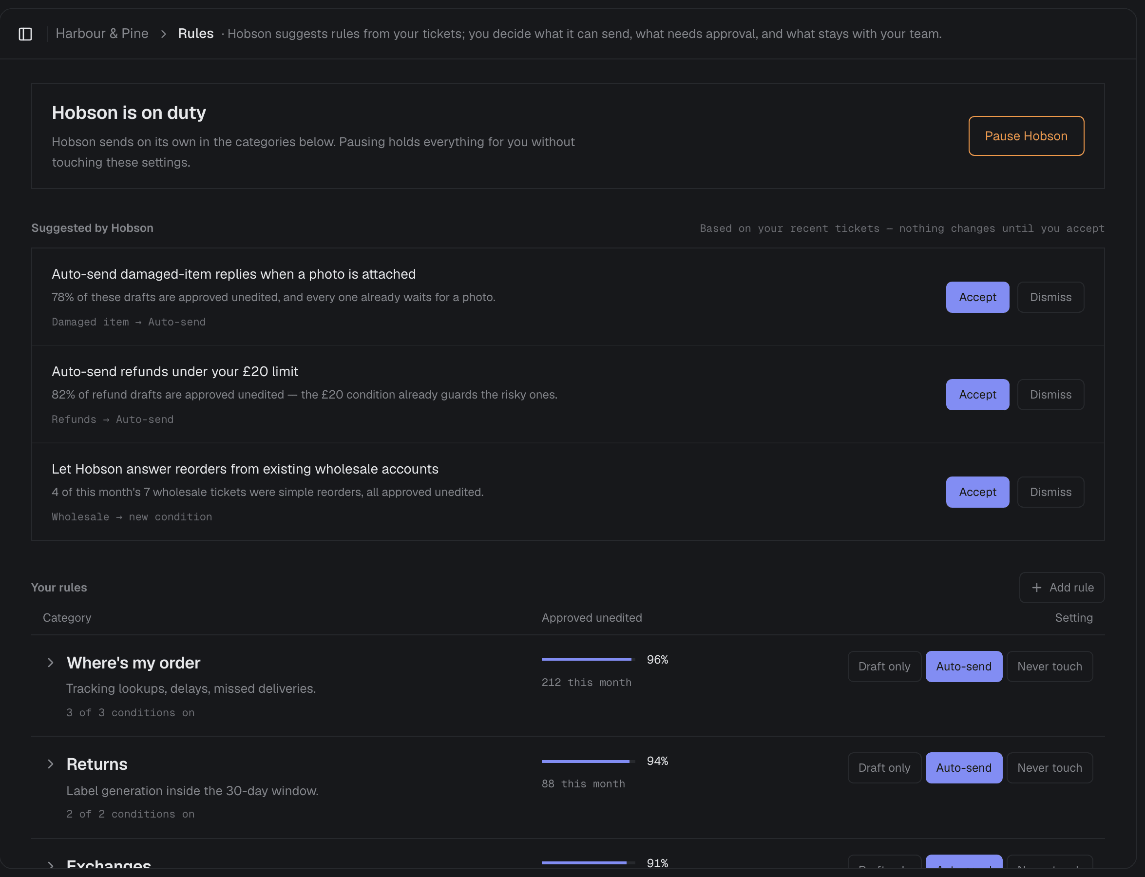 The rules page, with suggested rules to accept and a setting per category: draft only, auto-send or never touch